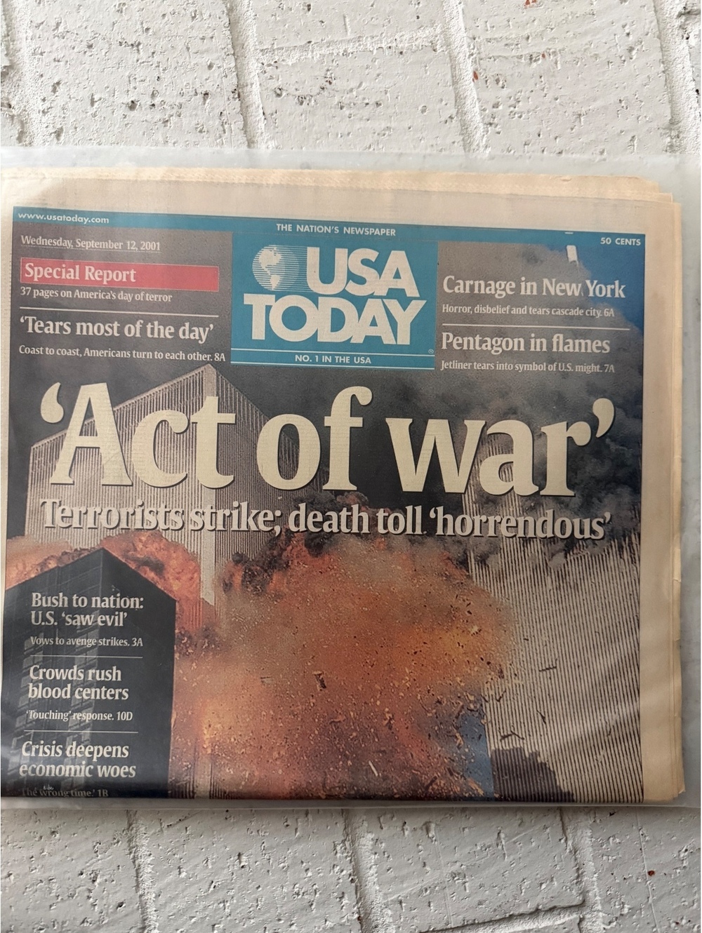 USA Today Newspaper September 12, 2001 - 'Act of War' Terrorist Attacks Special